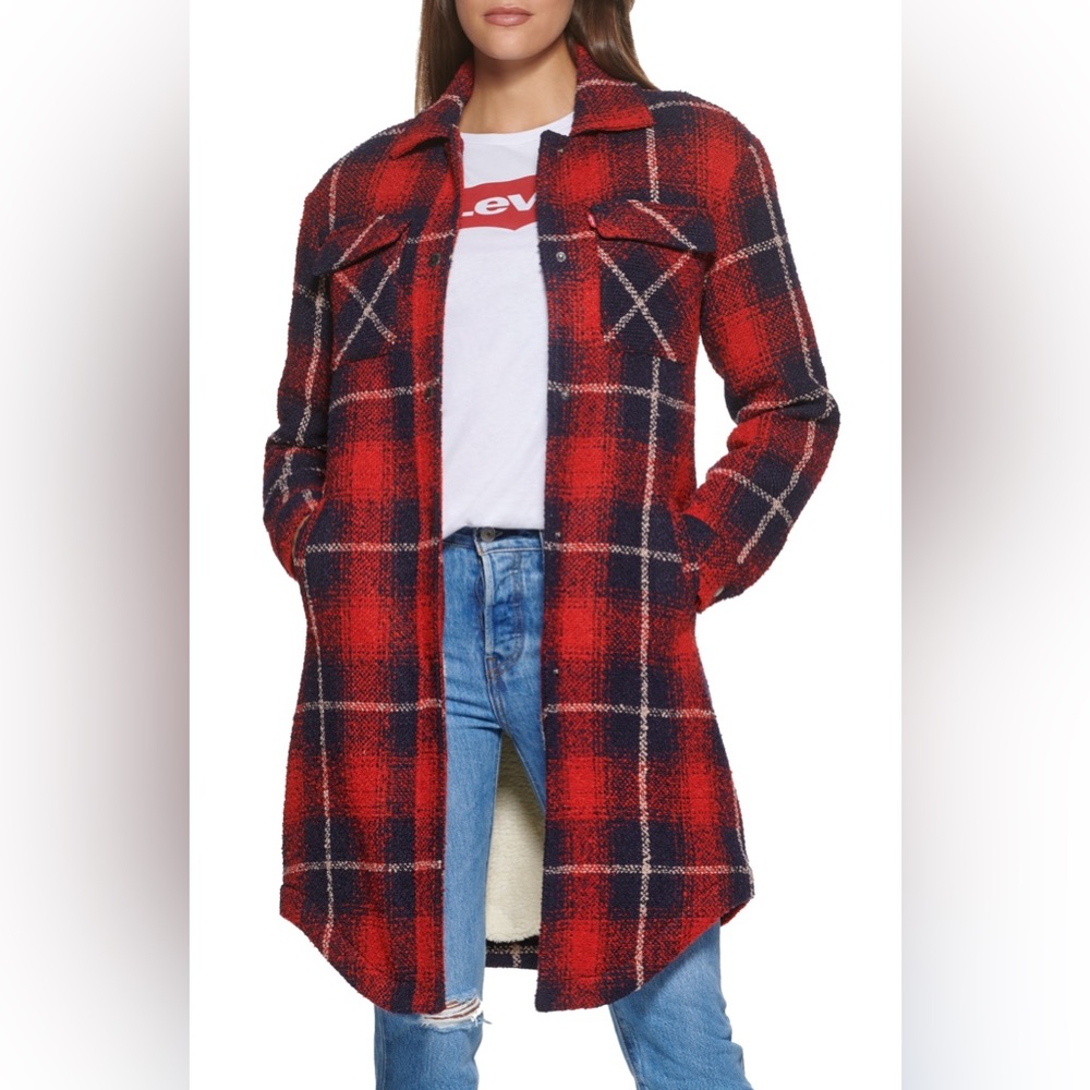 Levi’s Red Plaid Sherpa Lined Shirt Jacket Shacket Wool Blend Warm Cozy‎